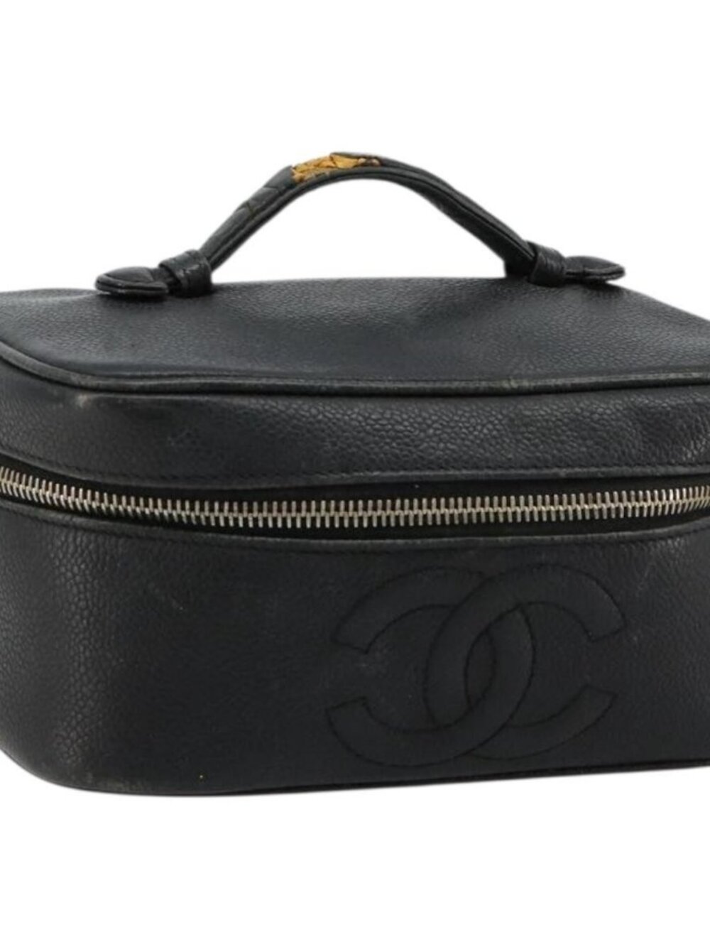 CHANEL Vanity Hand Bag Grained Calf Skin Black Gold CC Auth 176421